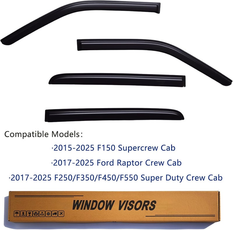 YLSCOO Window Visors Rain Guards fits 2015-2025 Ford F150 SuperCrew, Window Wind Deflectors Vent Shades for 2017-2025 F-150 Raptor/F250 F350 F450 Super Duty, 2016 2018 2019 2020 2021 2022 2023 2024 - Image 2